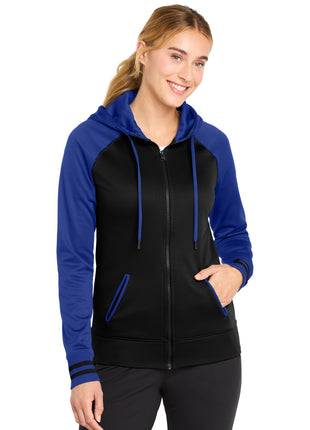 Sport-Tek® Women's Sport-Wick® Varsity Fleece Full-Zip Hooded Jacket. LST236 - Black/ True Royal | Sport-Tek
