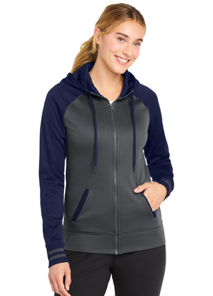 Sport-Tek® Women's Sport-Wick® Varsity Fleece Full-Zip Hooded Jacket. LST236 - Dark Smoke Grey/ Navy | Sport-Tek