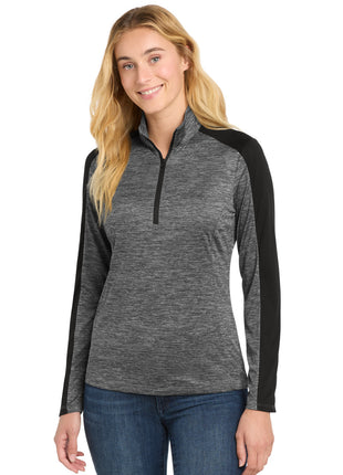 Sport-Tek® Women's PosiCharge® Electric Heather Colorblock 1/4-Zip Pullover. LST397 - Grey-Black Electric/ Black | Sport-Tek