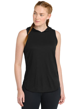 Sport-Tek ® Women's PosiCharge ® Tri-Blend Wicking Draft Hoodie Tank. LST410 - Black/ Black Triad Solid | Sport-Tek