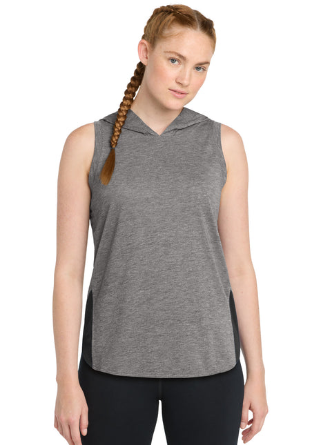 Sport-Tek ® Women's PosiCharge ® Tri-Blend Wicking Draft Hoodie Tank. LST410 - Black/ Dark Grey Heather | Sport-Tek