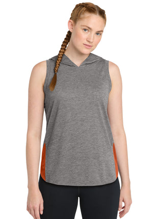 Sport-Tek ® Women's PosiCharge ® Tri-Blend Wicking Draft Hoodie Tank. LST410 - Deep Orange/ Dark Grey Heather | Sport-Tek