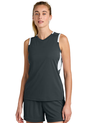 Sport-Tek® Women's Club Sleeveless V-Neck LST441 - Iron Grey/ White | Sport-Tek