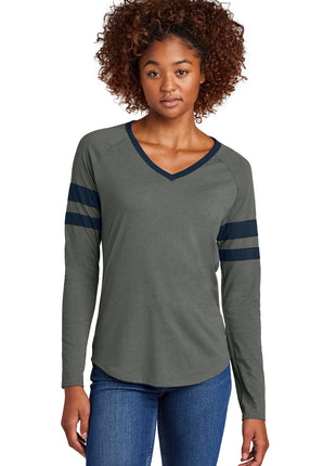 Sport-Tek® Women's Halftime Stripe Long Sleeve V-Neck Tee LST6043 - True Navy/ Vintage Heather | Sport-Tek