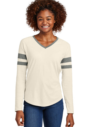 Sport-Tek® Women's Halftime Stripe Long Sleeve V-Neck Tee LST6043 - Vintage Heather/ Ecru | Sport-Tek