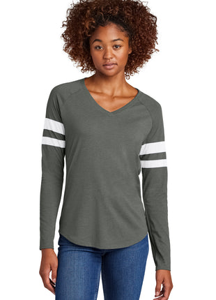 Sport-Tek® Women's Halftime Stripe Long Sleeve V-Neck Tee LST6043 - White/ Vintage Heather | Sport-Tek