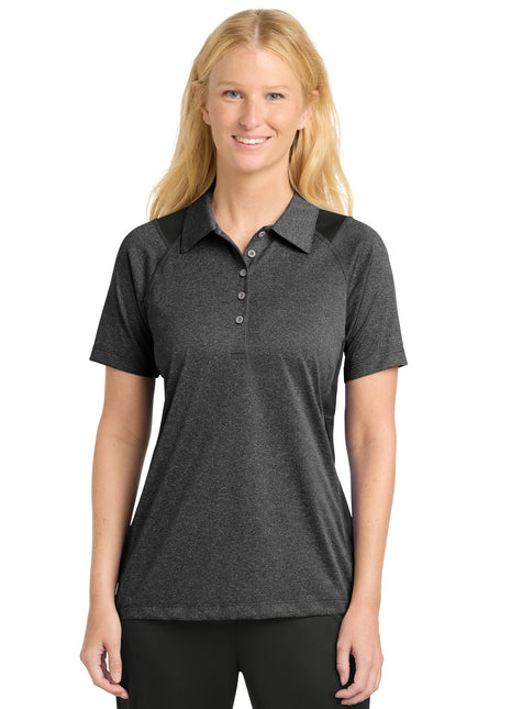 Sport-Tek® Women's Heather Colorblock Contender™ Polo. LST665 - Graphite Heather/ Black | Sport-Tek