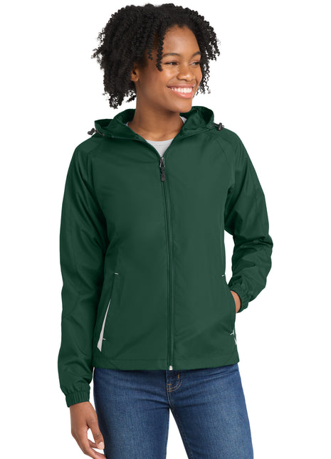 Sport-Tek® Women's Colorblock Hooded Raglan Jacket. LST76 - Forest Green/ White | Sport-Tek