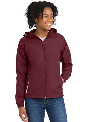 Sport-Tek® Women's Colorblock Hooded Raglan Jacket. LST76 - Maroon/ White | Sport-Tek