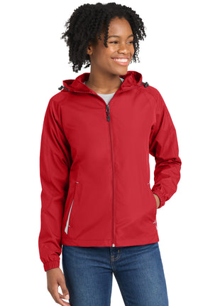 Sport-Tek® Women's Colorblock Hooded Raglan Jacket. LST76 - True Red/ White | Sport-Tek
