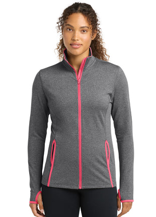 Sport-Tek® Women's Sport-Wick® Stretch Contrast Full-Zip Jacket.  LST853 - Charcoal Grey Heather/ Hot Coral | Sport-Tek