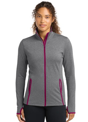 Sport-Tek® Women's Sport-Wick® Stretch Contrast Full-Zip Jacket.  LST853 - Charcoal Grey Heather/ Pink Rush | Sport-Tek