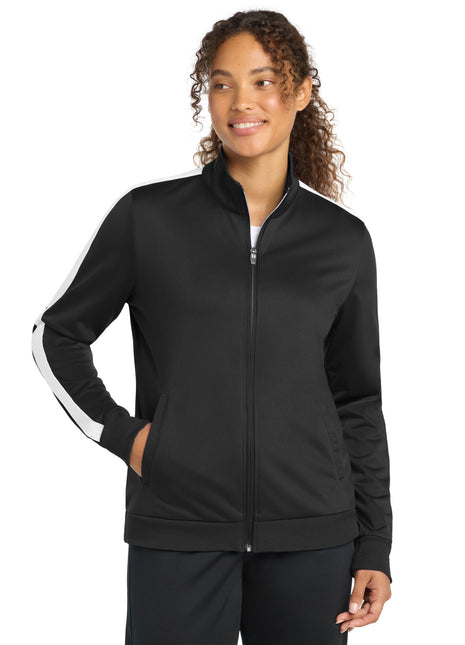 Sport-Tek ® Ladies Tricot Sleeve Stripe Track Jacket. LST94 - Black/ White | Sport-Tek
