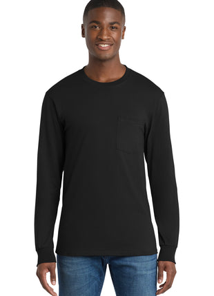 Port & Co™ Tall Long Sleeve Essential Pocket Tee. PC61LSPT - Jet Black | Port & Co