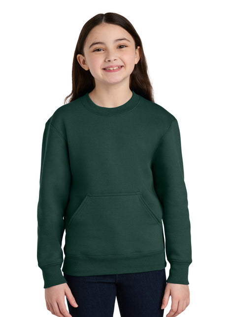 Port & Co™ Youth Core Fleece Crewneck Pocket Sweatshirt PC78YPKT - Dark Green | Port & Co