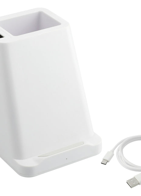 Wireless Charger Pen Holder/Dual Outputs - White | PromoEO