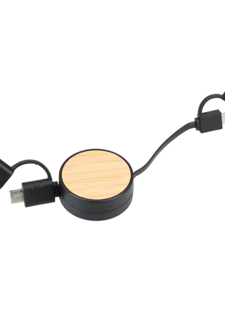 FSC® 100% Bamboo Retractable 5-in-1 Charging Cable - Black | PromoEO