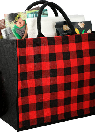 Buffalo Plaid Printed Jute Tote - Red | PromoEO