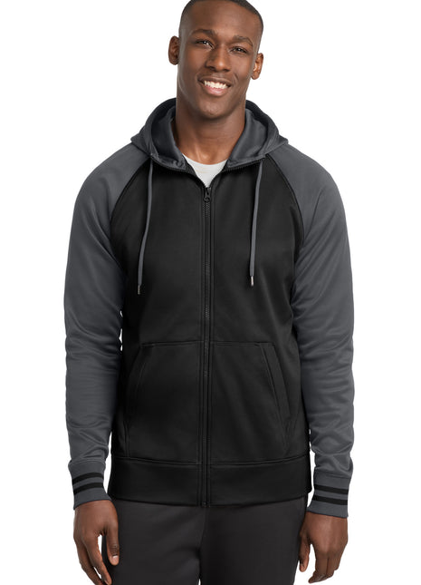 Sport-Tek® Sport-Wick® Varsity Fleece Full-Zip Hooded Jacket. ST236 - Black/ Dark Smoke Grey | Sport-Tek