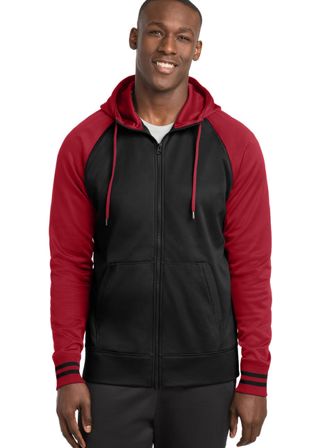 Sport-Tek® Sport-Wick® Varsity Fleece Full-Zip Hooded Jacket. ST236 - Black/ Deep Red | Sport-Tek