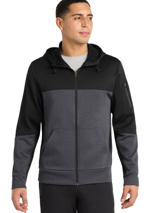 Sport-Tek® Tech Fleece Colorblock Full-Zip Hooded Jacket. ST245 - Black/ Graphite Heather/ Black | Sport-Tek