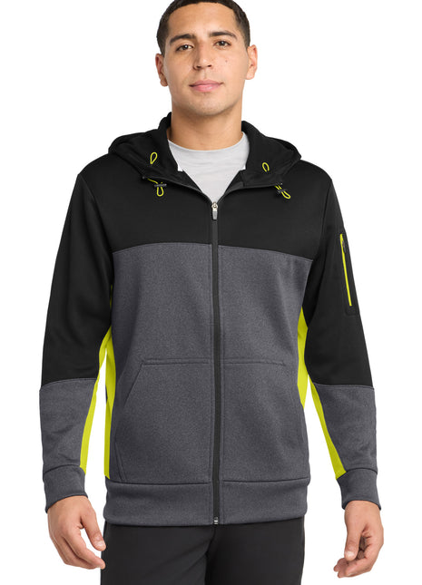 Sport-Tek® Tech Fleece Colorblock Full-Zip Hooded Jacket. ST245 - Black/ Graphite Heather/ Citron | Sport-Tek