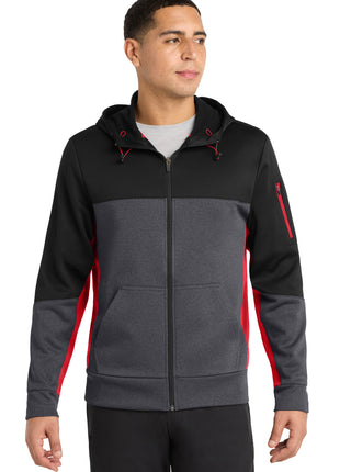 Sport-Tek® Tech Fleece Colorblock Full-Zip Hooded Jacket. ST245 - Black/ Graphite Heather/ True Red | Sport-Tek