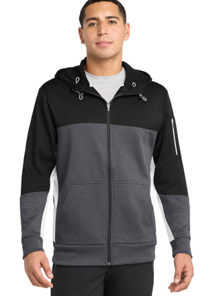 Sport-Tek® Tech Fleece Colorblock Full-Zip Hooded Jacket. ST245 - Black/ Graphite Heather/ White | Sport-Tek