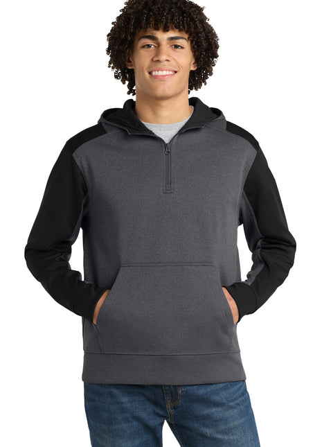 Sport-Tek®  Tech Fleece Colorblock 1/4-Zip Hooded Sweatshirt. ST249 - Graphite Heather/ Black | Sport-Tek