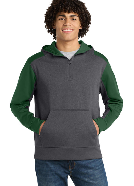 Sport-Tek®  Tech Fleece Colorblock 1/4-Zip Hooded Sweatshirt. ST249 - Graphite Heather/ Forest Green | Sport-Tek