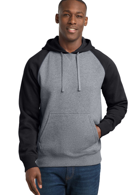Sport-Tek® Raglan Colorblock Pullover Hooded Sweatshirt. ST267 - Black/ Vintage Heather | Sport-Tek