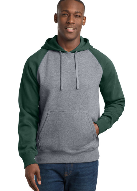 Sport-Tek® Raglan Colorblock Pullover Hooded Sweatshirt. ST267 - Forest Green/ Vintage Heather | Sport-Tek