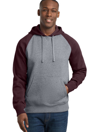 Sport-Tek® Raglan Colorblock Pullover Hooded Sweatshirt. ST267 - Maroon/ Vintage Heather | Sport-Tek