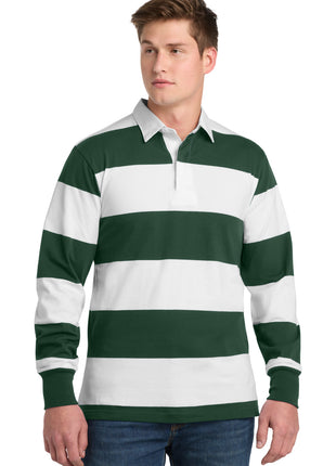 Sport-Tek® Classic Long Sleeve Rugby Polo. ST301 - Forest Green/ White | Sport-Tek