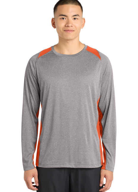 Sport-Tek® Long Sleeve Heather Colorblock Contender™ Tee. ST361LS - Vintage Heather/ Deep Orange | Sport-Tek