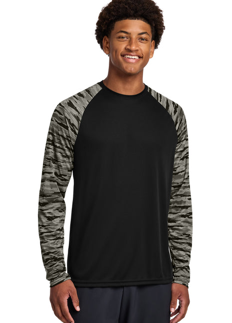 Sport-Tek® Drift Camo Colorblock Long Sleeve Tee ST376LS - Black | Sport-Tek