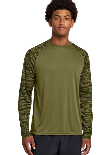 Sport-Tek® Drift Camo Colorblock Long Sleeve Tee ST376LS - Olive Drab Green | Sport-Tek