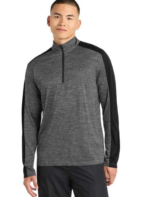 Sport-Tek® PosiCharge® Electric Heather Colorblock 1/4-Zip Pullover. ST397 - Grey-Black Electric/ Black | Sport-Tek