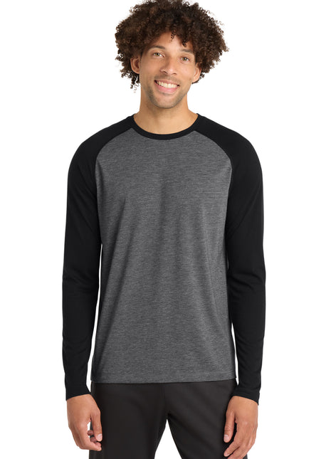 Sport-Tek ® PosiCharge ® Long Sleeve Tri-Blend Wicking Raglan Tee ST400LS - Black Triad Solid/ Dark Grey Heather | Sport-Tek