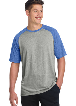 Sport-Tek ® PosiCharge ® Tri-Blend Wicking Raglan Tee. ST400 - True Royal Heather/ Light Grey Heather | Sport-Tek