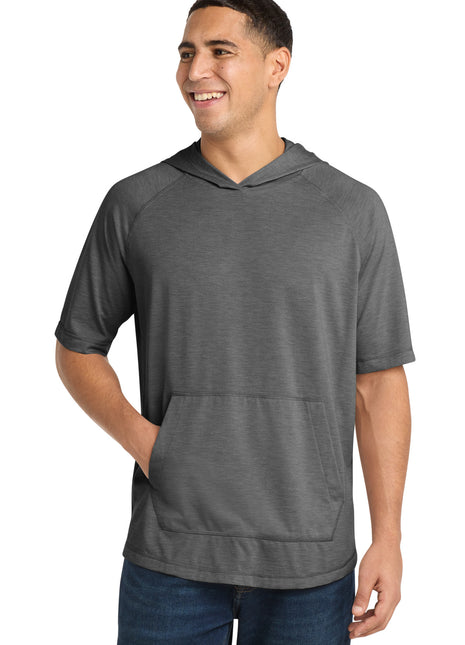 Sport-Tek ® PosiCharge ® Tri-Blend Wicking Short Sleeve Hoodie. ST404 - Dark Grey Heather | Sport-Tek