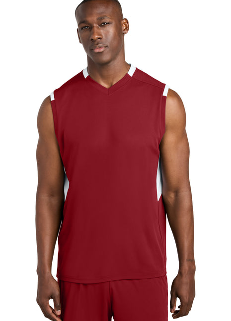 Sport-Tek® Club Sleeveless V-Neck ST441 - Deep Red/ White | Sport-Tek