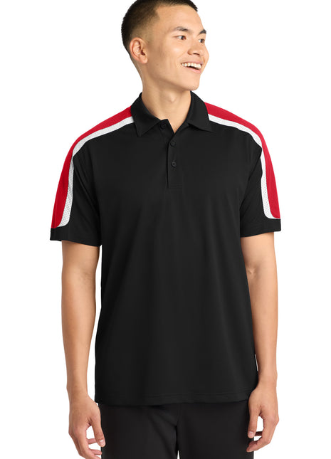 Sport-Tek® Tricolor Shoulder Micropique Sport-Wick® Polo. ST658 - Black/ True Red/ White | Sport-Tek