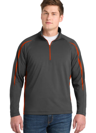 Sport-Tek® Sport-Wick® Stretch 1/4-Zip Colorblock Pullover. ST851 - Charcoal Grey/ Deep Orange | Sport-Tek