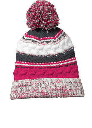 Sport-Tek® Pom Pom Team Beanie. STC21 - Pink Raspberry/ Iron Grey/ White | Sport-Tek