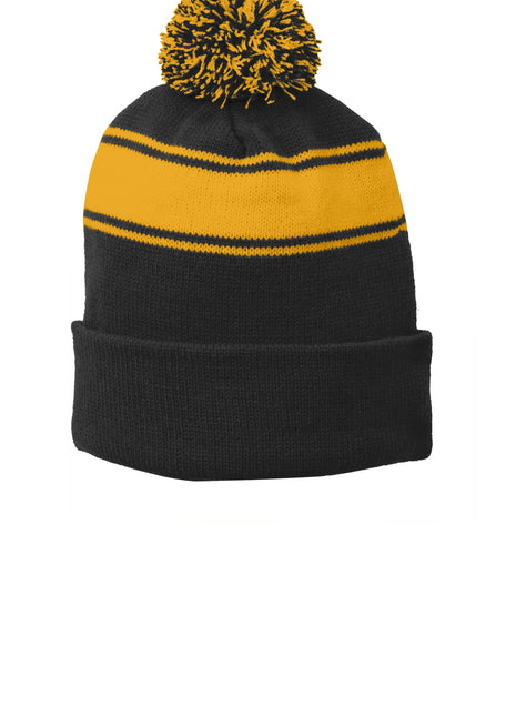Sport-Tek® Stripe Pom Pom Beanie.  STC28 - Black/ Gold | Sport-Tek
