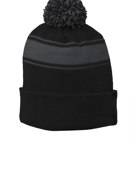 Sport-Tek® Stripe Pom Pom Beanie.  STC28 - Black/ Iron Grey | Sport-Tek