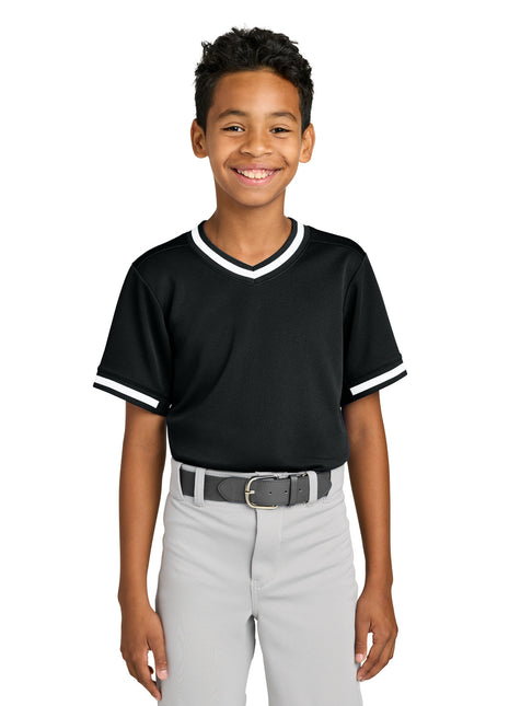 Sport-Tek® Youth Tough Mesh V-Neck Baseball Jersey YST221 - Black | Sport-Tek