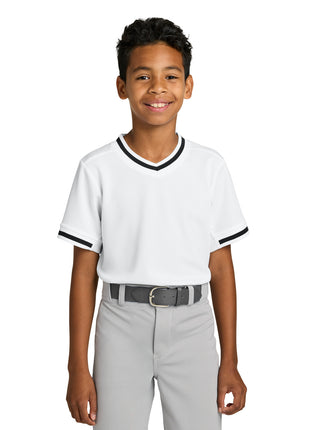 Sport-Tek® Youth Tough Mesh V-Neck Baseball Jersey YST221 - White | Sport-Tek