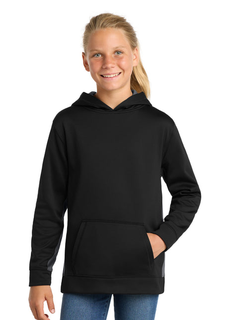 Sport-Tek® Youth Sport-Wick® Fleece Colorblock Hooded Pullover.  YST235 - Black/ Dark Smoke Grey | Sport-Tek